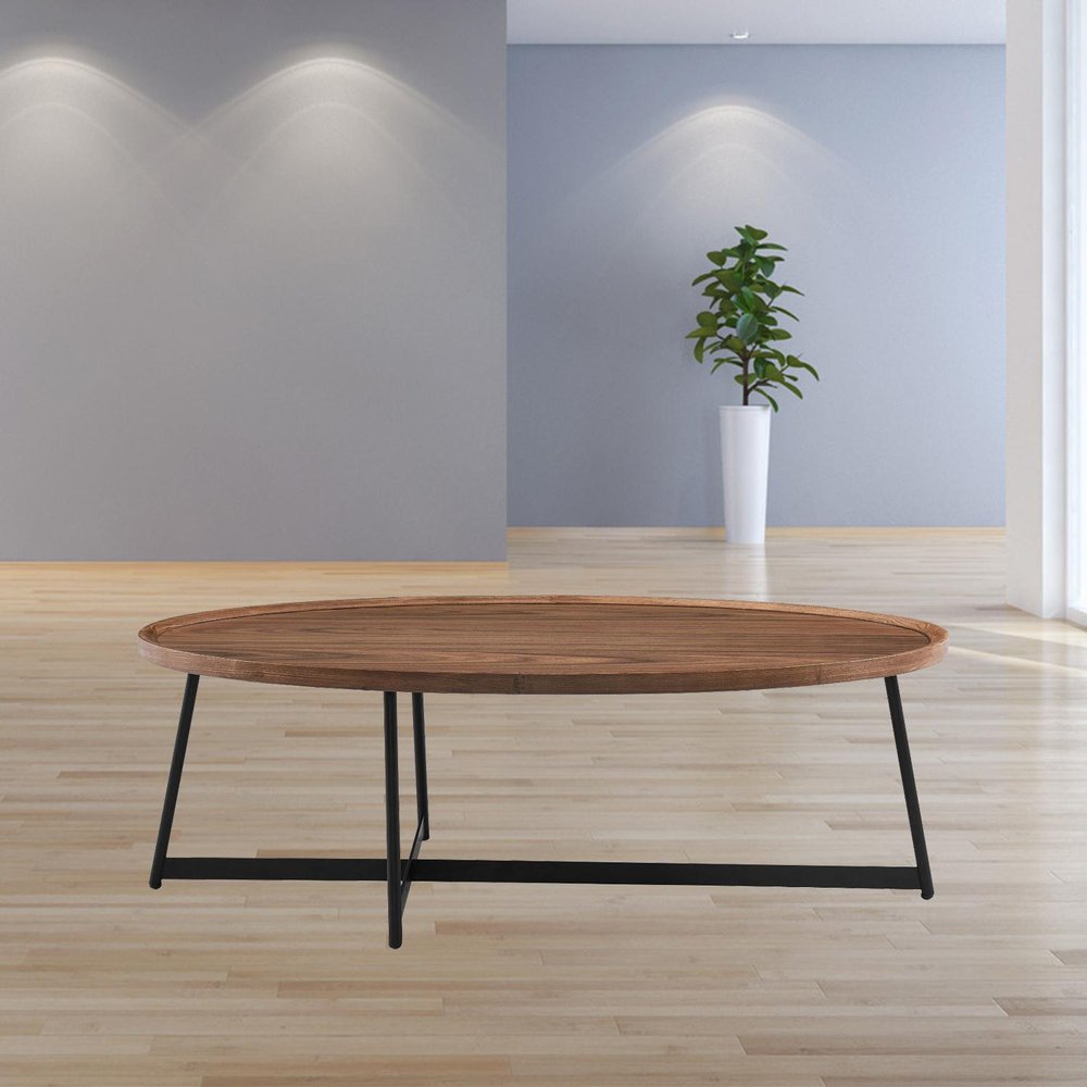 24" Brown and Black Wood And Metal Oval Frame Coffee Table
