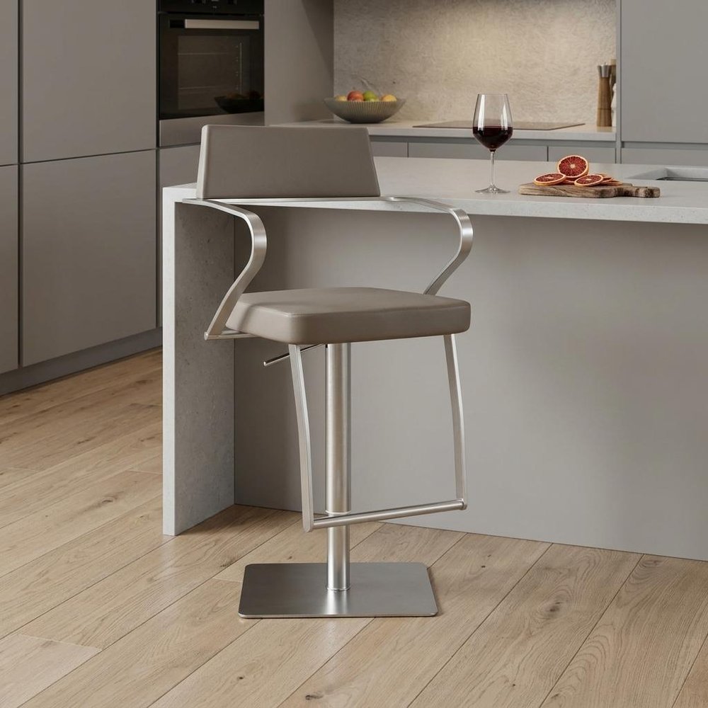 21 " Taupe And Silver Stainless Steel Bar Chair