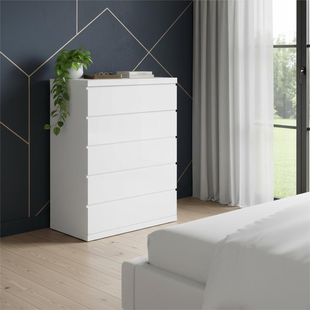 36" White Wood Five Drawer Dresser
