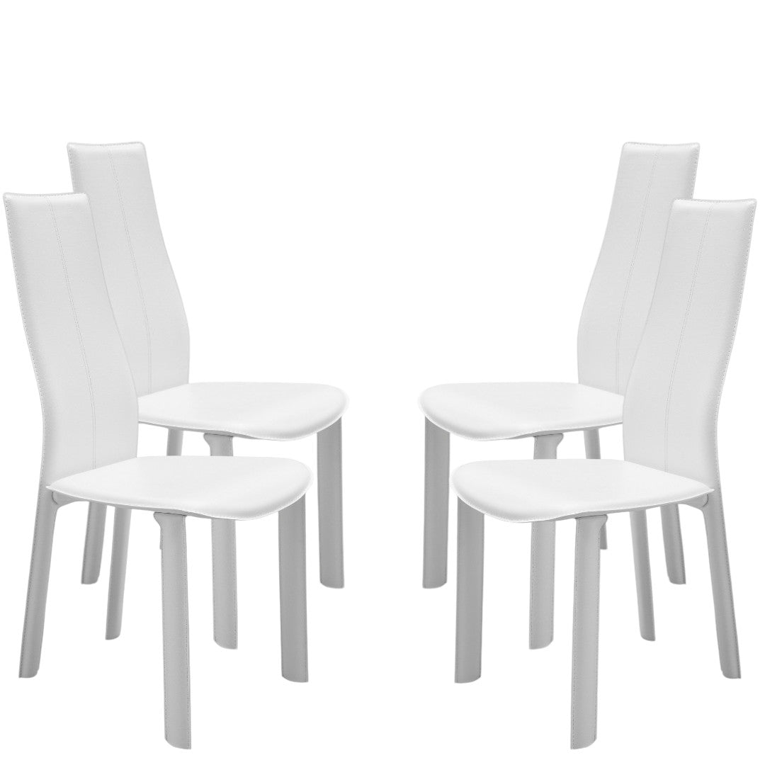 Set of Four White Upholstered Faux Leather Dining Side Chairs