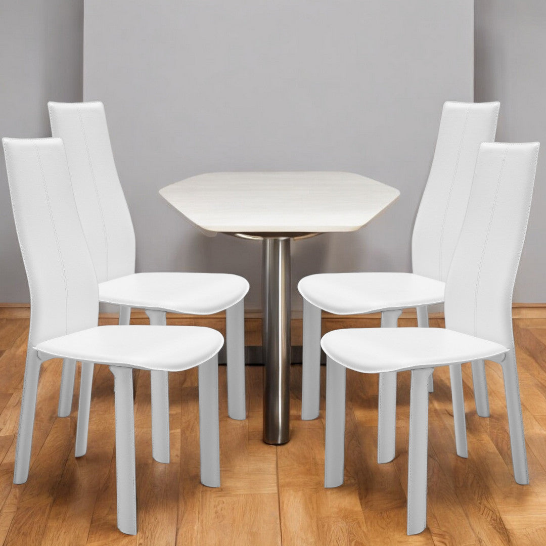 Set of Four White Upholstered Faux Leather Dining Side Chairs