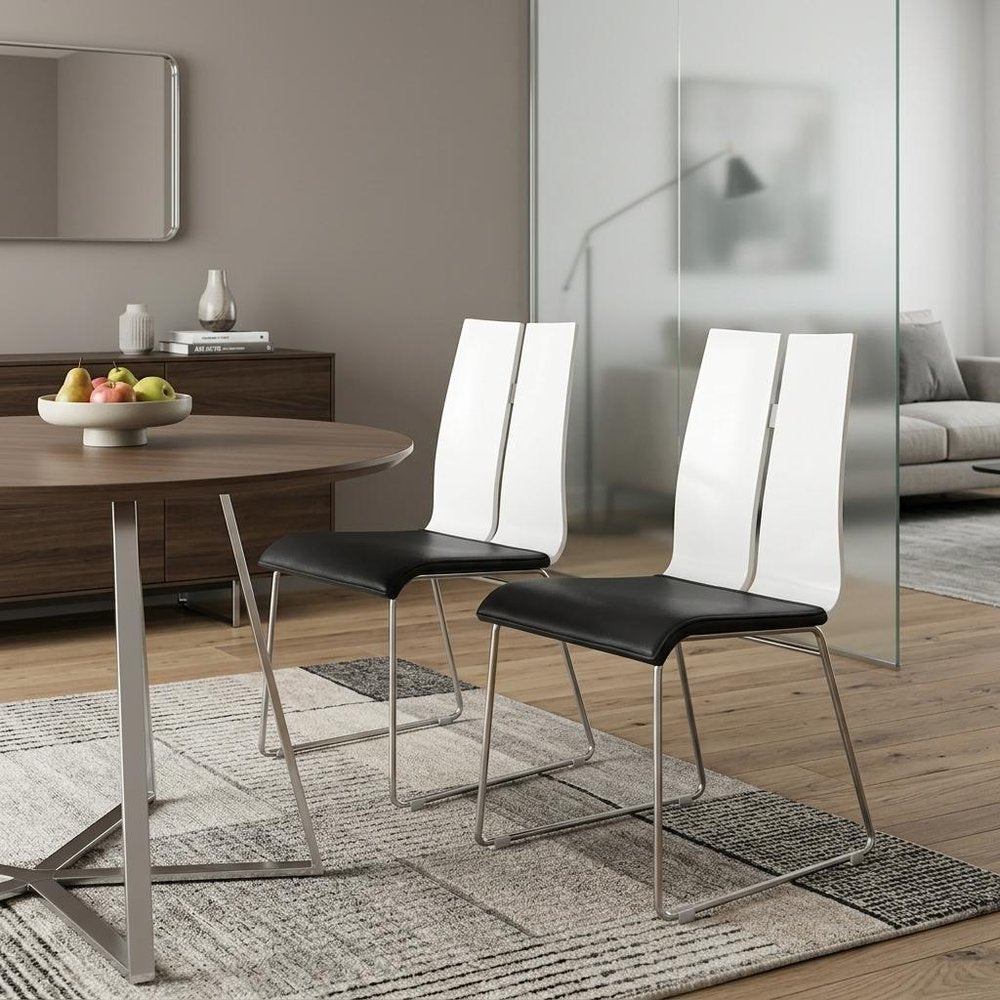 Set of Two Black and Silver Upholstered Faux Leather Dining Side Chairs