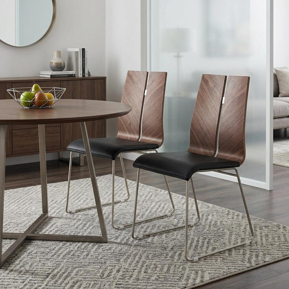 Set of Two Black and Silver Upholstered Faux Leather Dining Side Chairs