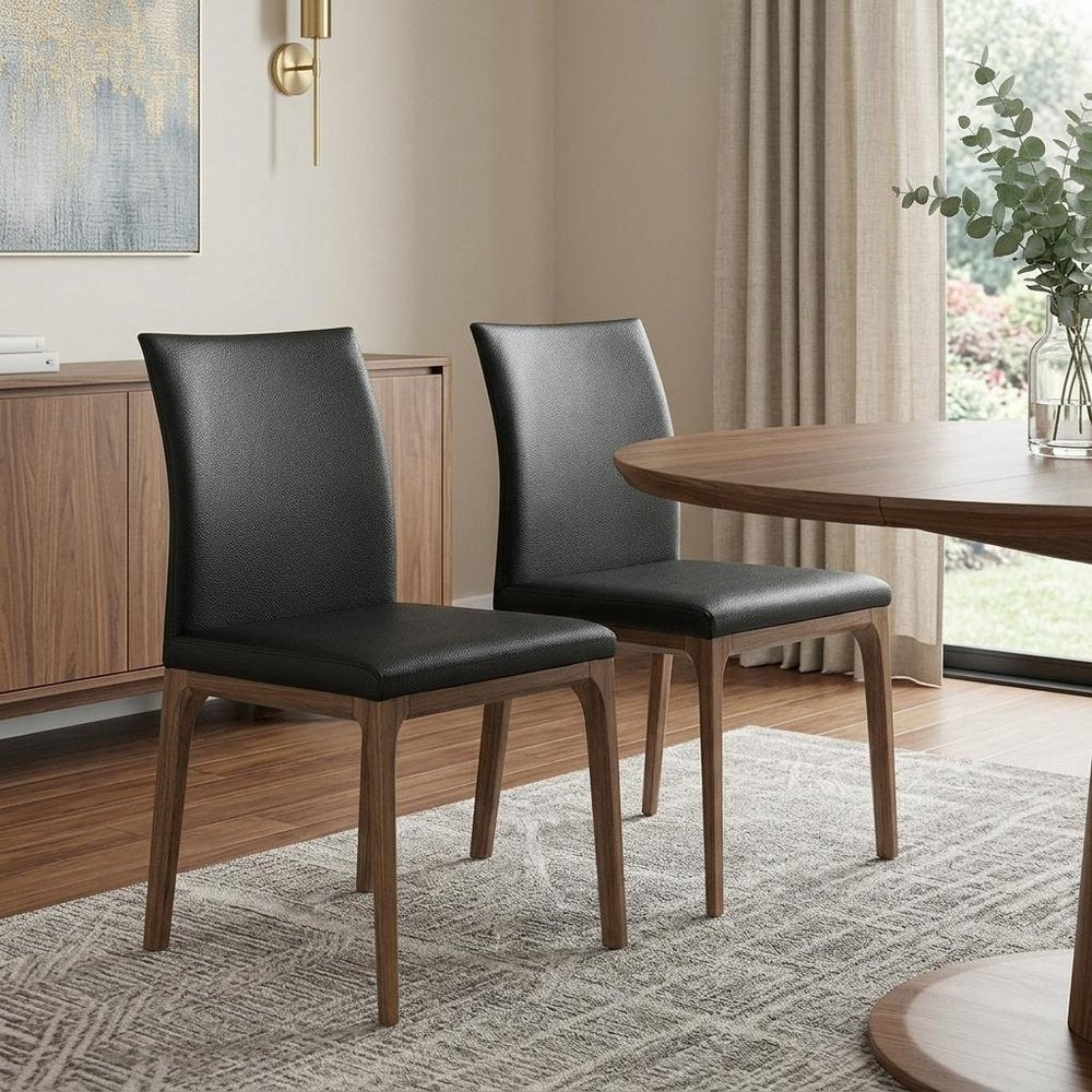 Set of Two Black and Brown Upholstered Faux Leather Dining Side Chairs