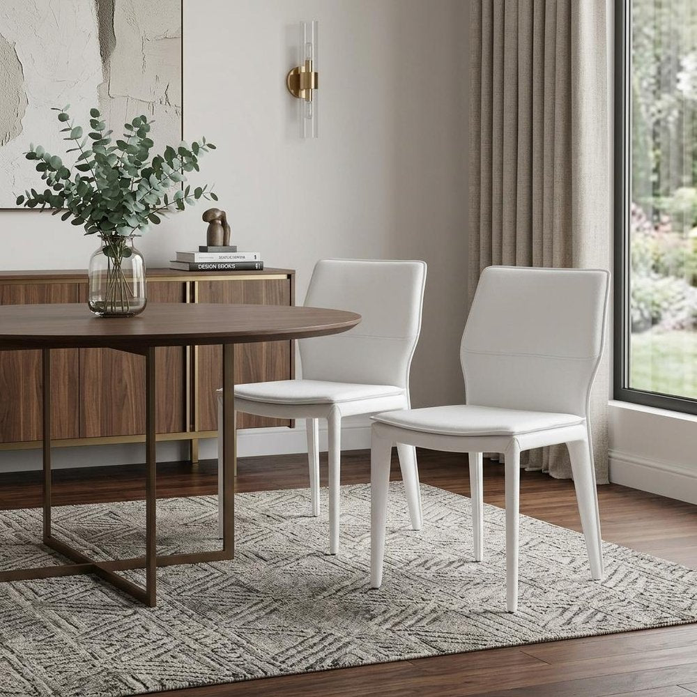 Set of Two White Slipcovered Upholstered Faux Leather Dining Side Chairs