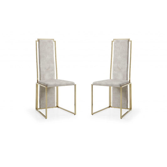 Set Of 2 Ultra Modern Beige Suede And Gold Dining Chairs