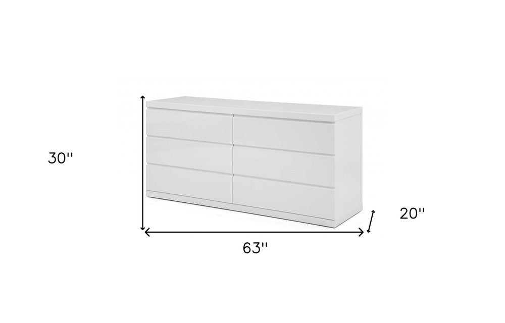 63" White Wood Six Drawer Double Dresser