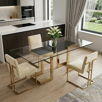 87" Clear And Gold Glass And Stainless Steel Double Pedestal Base Dining Table
