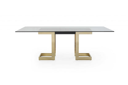 87" Clear And Gold Glass And Stainless Steel Double Pedestal Base Dining Table