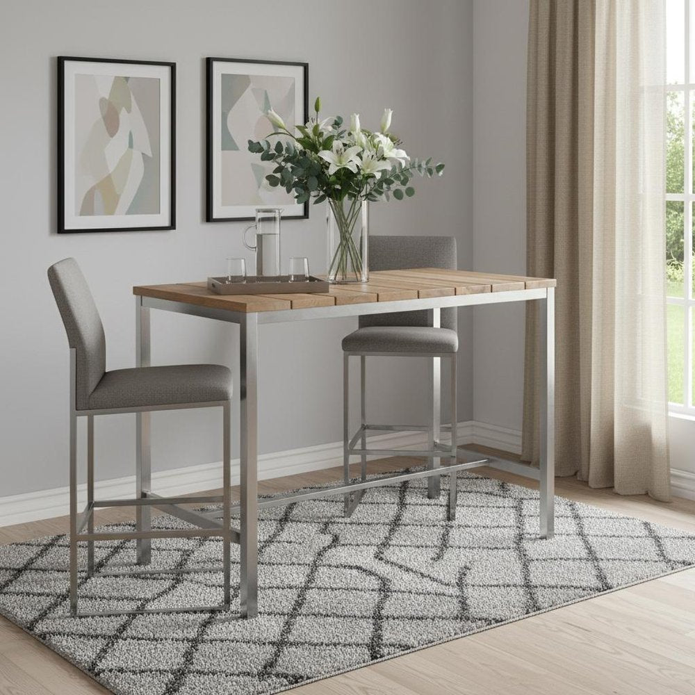 55" Wood Brown And Silver Solid Wood And Stainless Steel Dining Table
