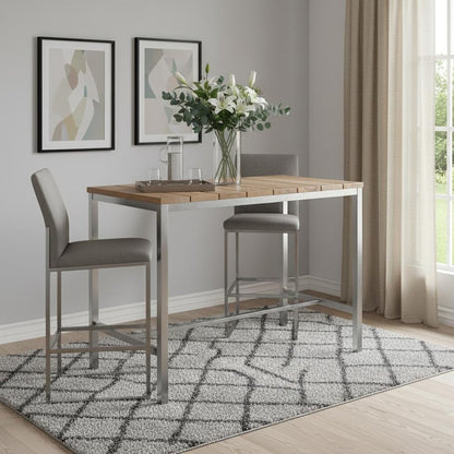 55" Wood Brown And Silver Solid Wood And Stainless Steel Dining Table