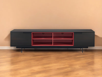 87" Red And Black Aluminum Cabinet Enclosed Storage TV Stand