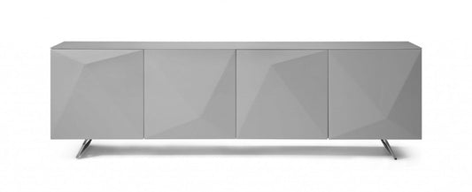 94" Gray Wood And Glass Carved Geometric Sideboard