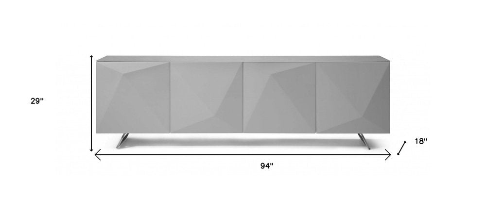 94" Gray Wood And Glass Carved Geometric Sideboard