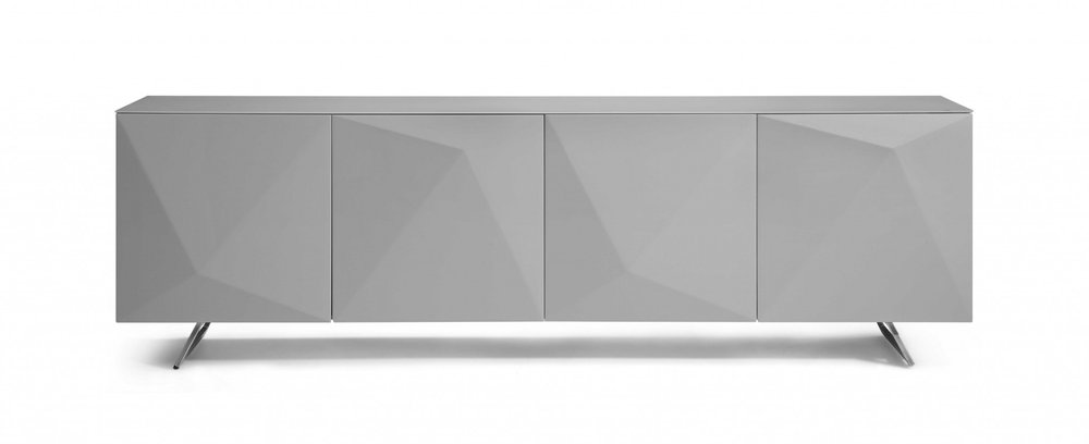 94" Gray Wood And Glass Carved Geometric Sideboard