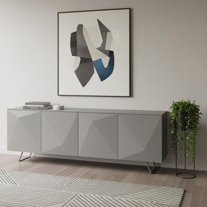 94" Gray Wood And Glass Carved Geometric Sideboard