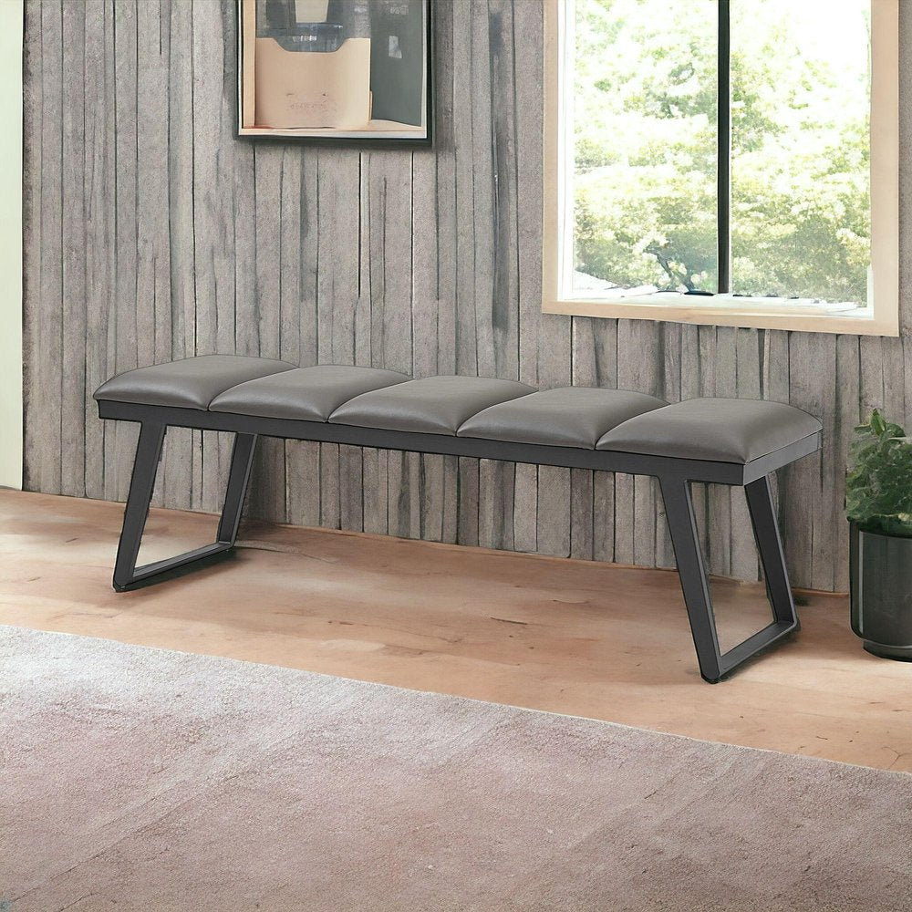 57" Gray Faux Leather And Steel Upholstered Bench