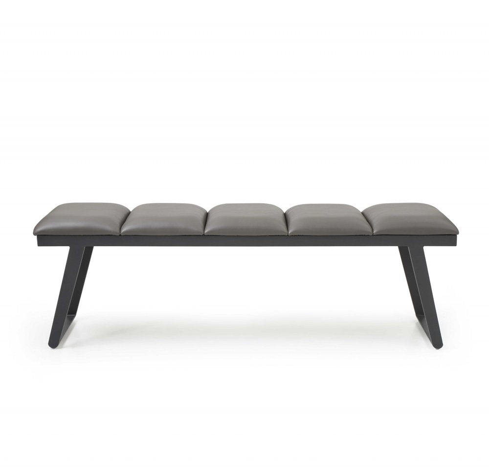 57" Gray Faux Leather And Steel Upholstered Bench