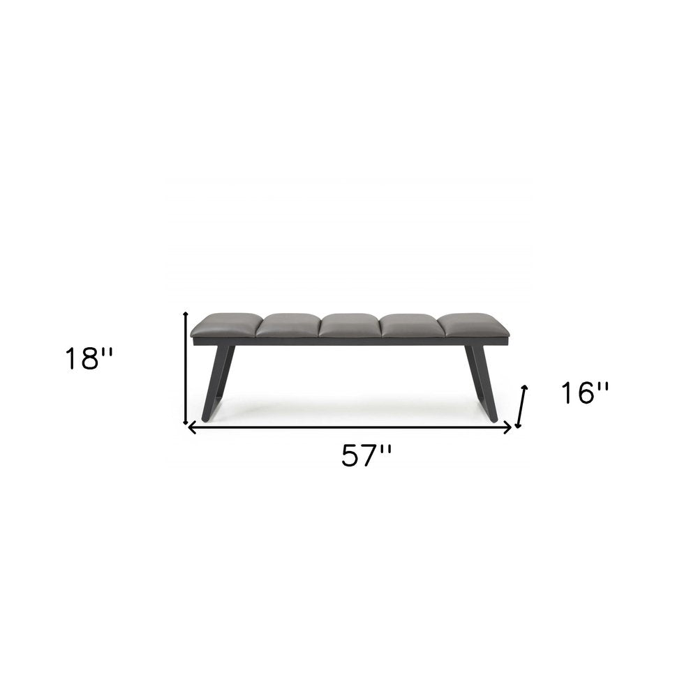 57" Gray Faux Leather And Steel Upholstered Bench