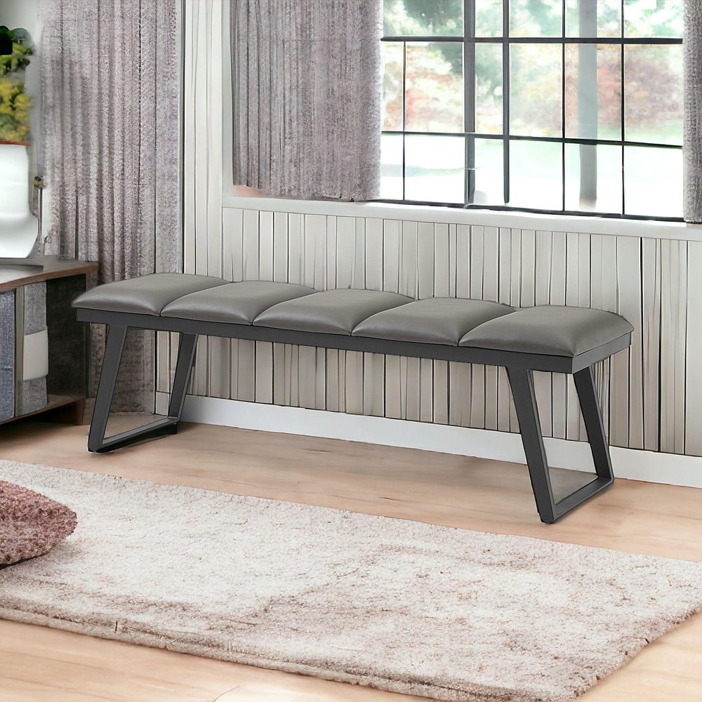 57" Gray Faux Leather And Steel Upholstered Bench