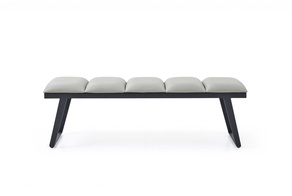 57" Light Gray And Black Faux Leather And Steel Upholstered Bench
