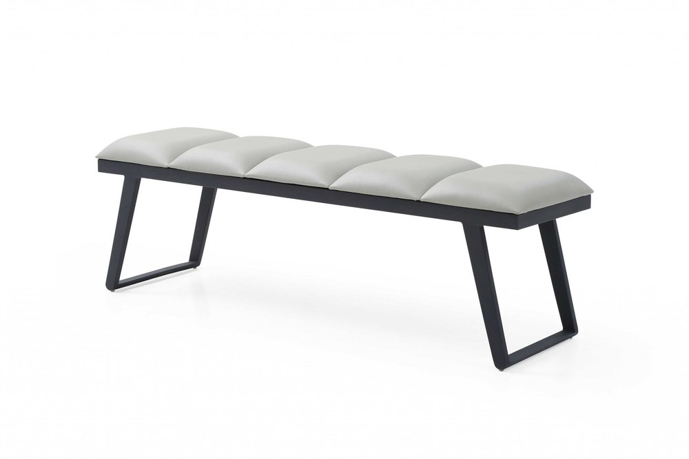 57" Light Gray And Black Faux Leather And Steel Upholstered Bench