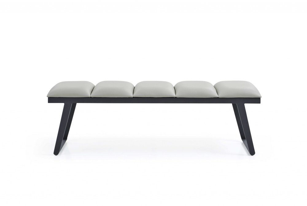57" Light Gray And Black Faux Leather And Steel Upholstered Bench