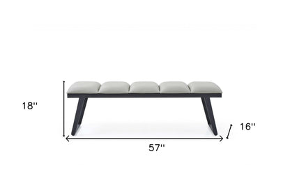 57" Light Gray and Black Upholstered Faux Leather Bench