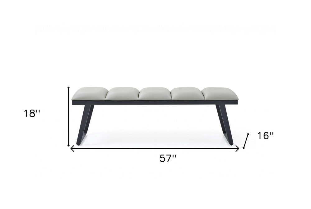 57" Light Gray And Black Faux Leather And Steel Upholstered Bench