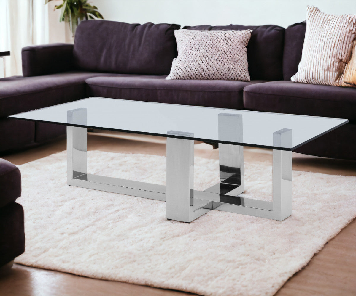 59" Clear And Silver Glass And Steel Coffee Table