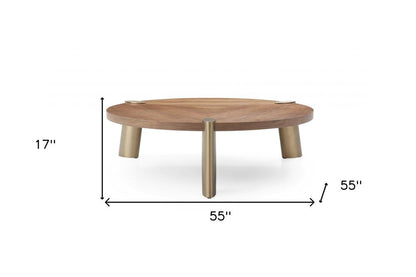 55" Brown and Gold Wood And Stainless Steel Round Coffee Table