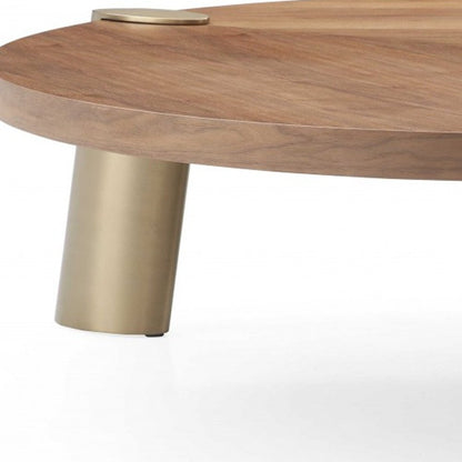 55" Brown and Gold Wood And Stainless Steel Round Coffee Table