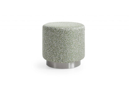 19" Green Linen And Silver Round Footstool Ottoman