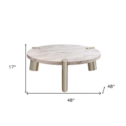 48" White and Silver Marble and Stainless Steel Round Coffee Table