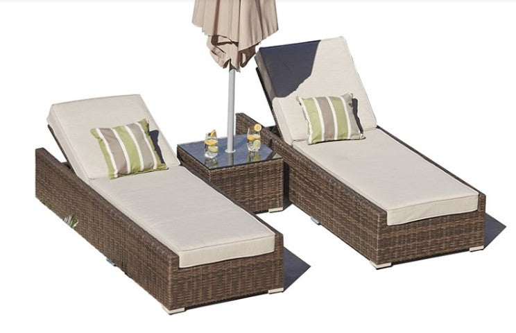 78" Set of Two Brown Indoor Outdoor Chaise Lounge with Beige Cushion