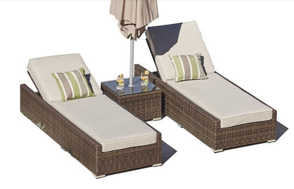 78" Set of Two Brown Indoor Outdoor Chaise Lounge with Beige Cushion