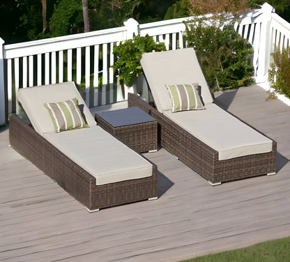 78" Set of Two Brown Indoor Outdoor Chaise Lounge with Beige Cushion