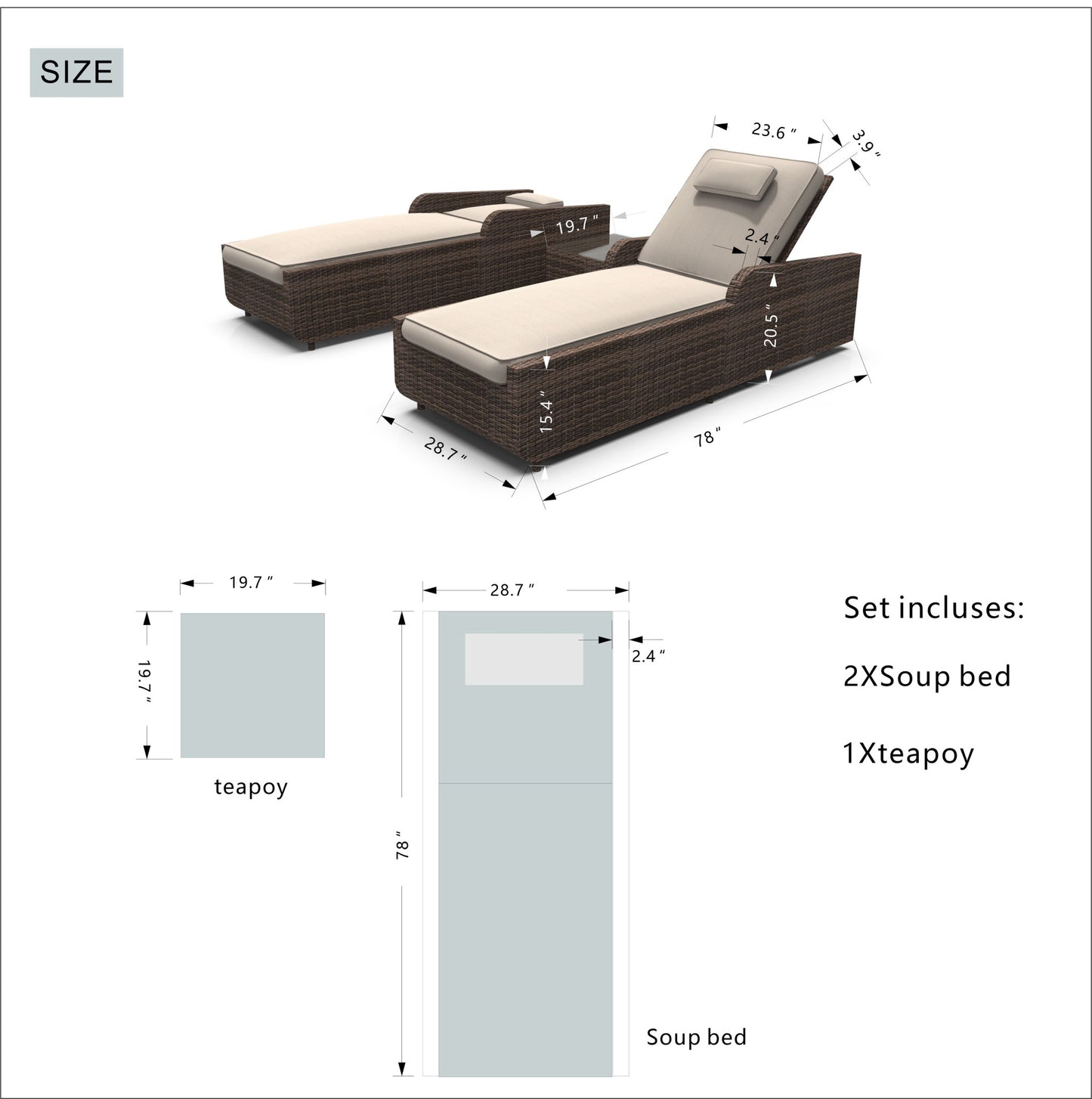 78" Set of Two Brown Indoor Outdoor Chaise Lounge with Beige Cushion