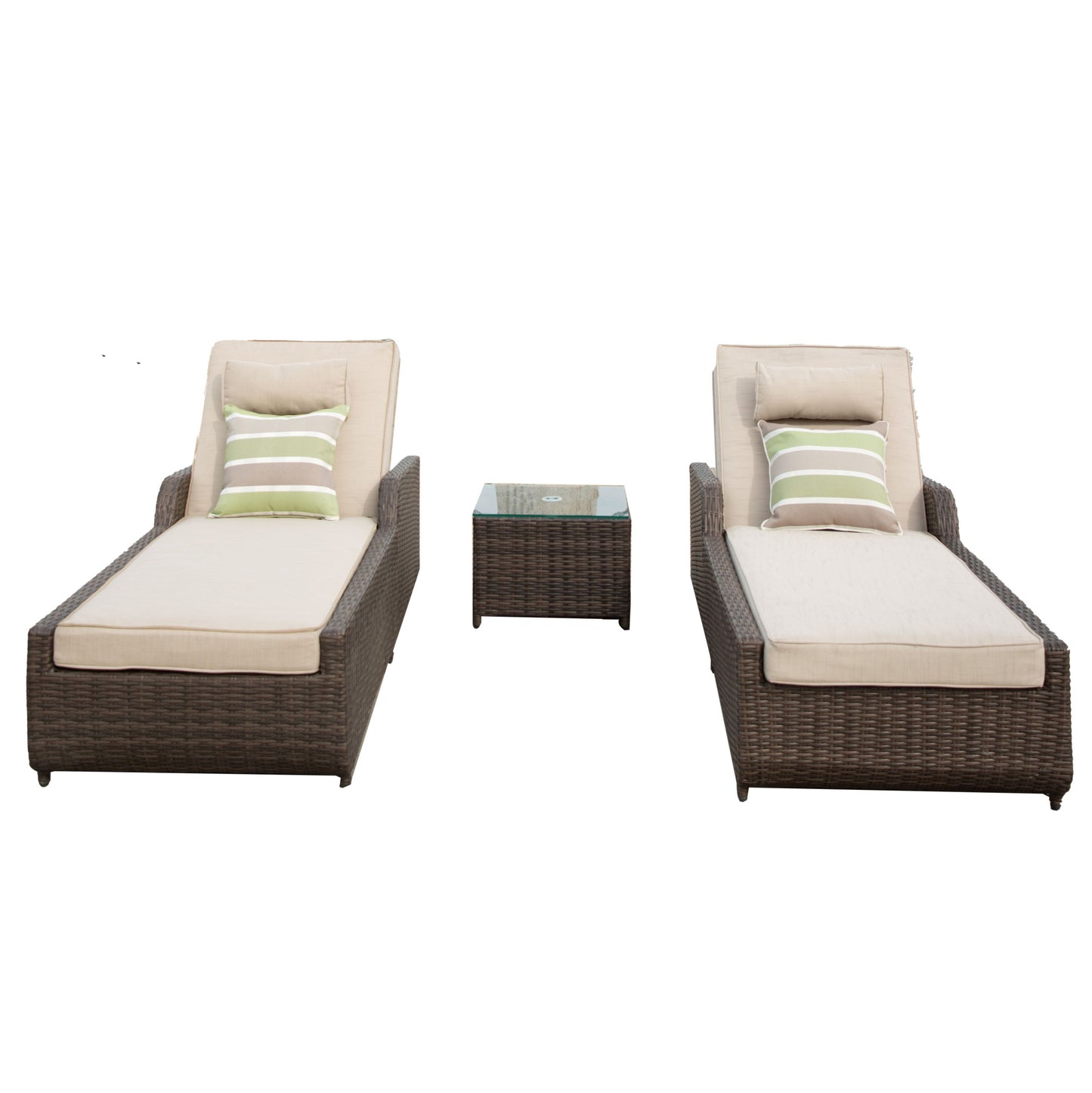 78" Set of Two Brown Indoor Outdoor Chaise Lounge with Beige Cushion