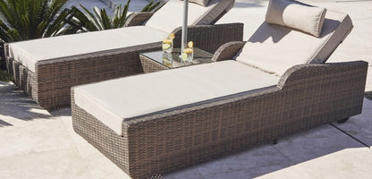 78" Set of Two Brown Indoor Outdoor Chaise Lounge with Beige Cushion