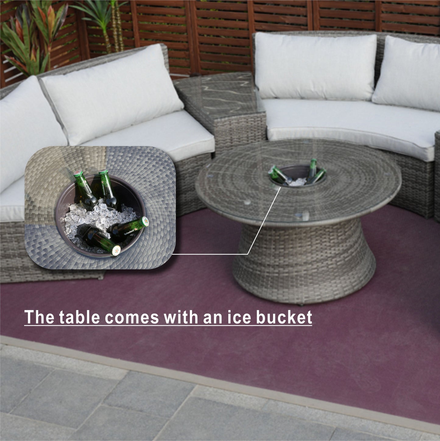 Six Piece Outdoor Black Wicker Sectional Seating Group with Beige Cushions