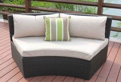 Six Piece Outdoor Black Wicker Sectional Seating Group with Beige Cushions