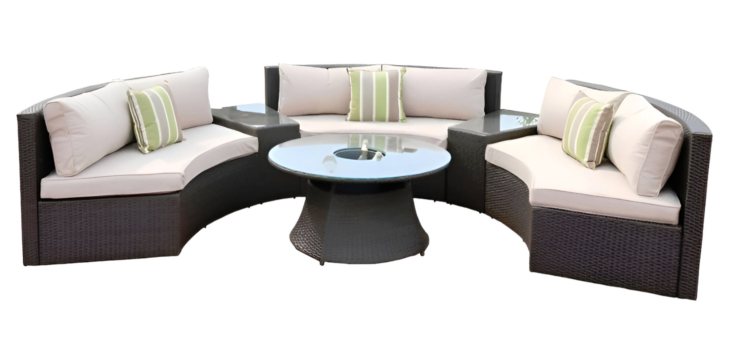 Six Piece Outdoor Black Wicker Sectional Seating Group with Beige Cushions