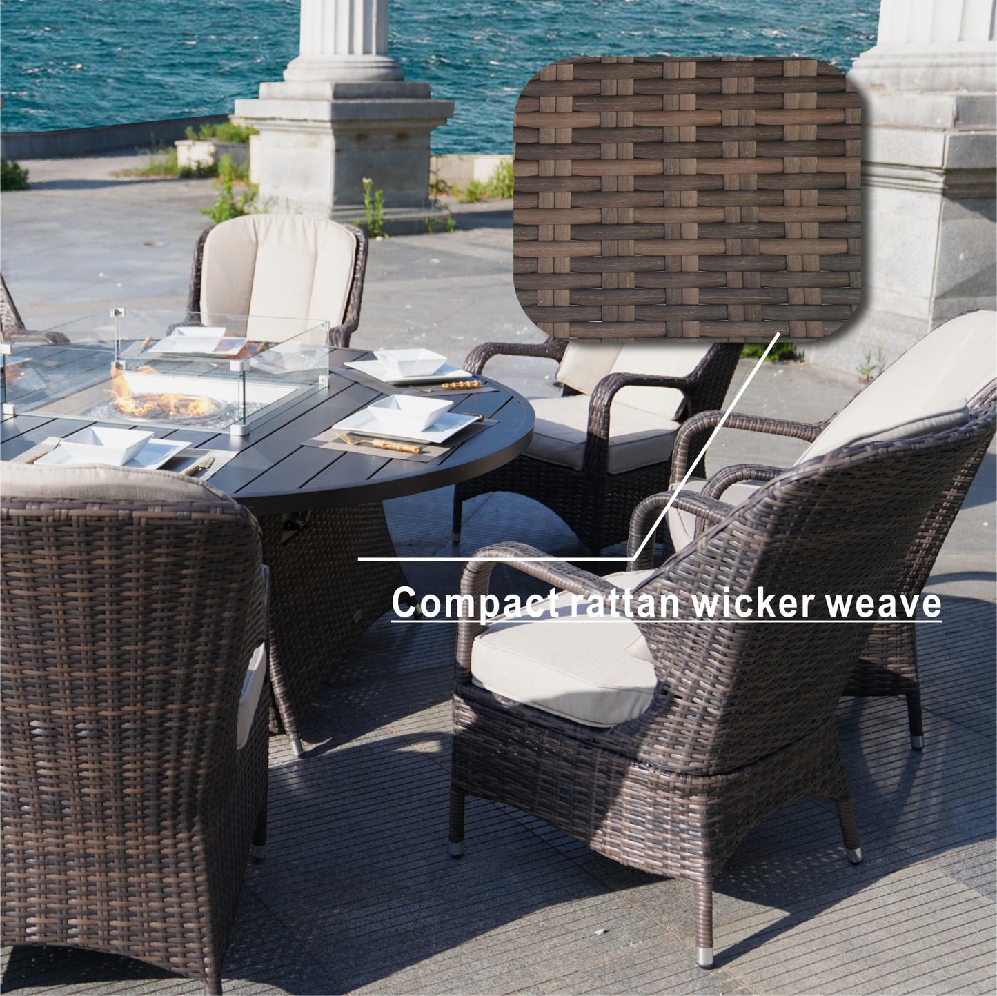 Brown Wicker Round Outdoor Fire Pit Dining Set With 8 Chairs