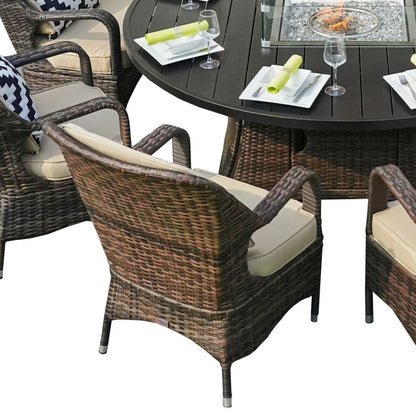 Brown Wicker Round Outdoor Fire Pit Dining Set With 8 Chairs