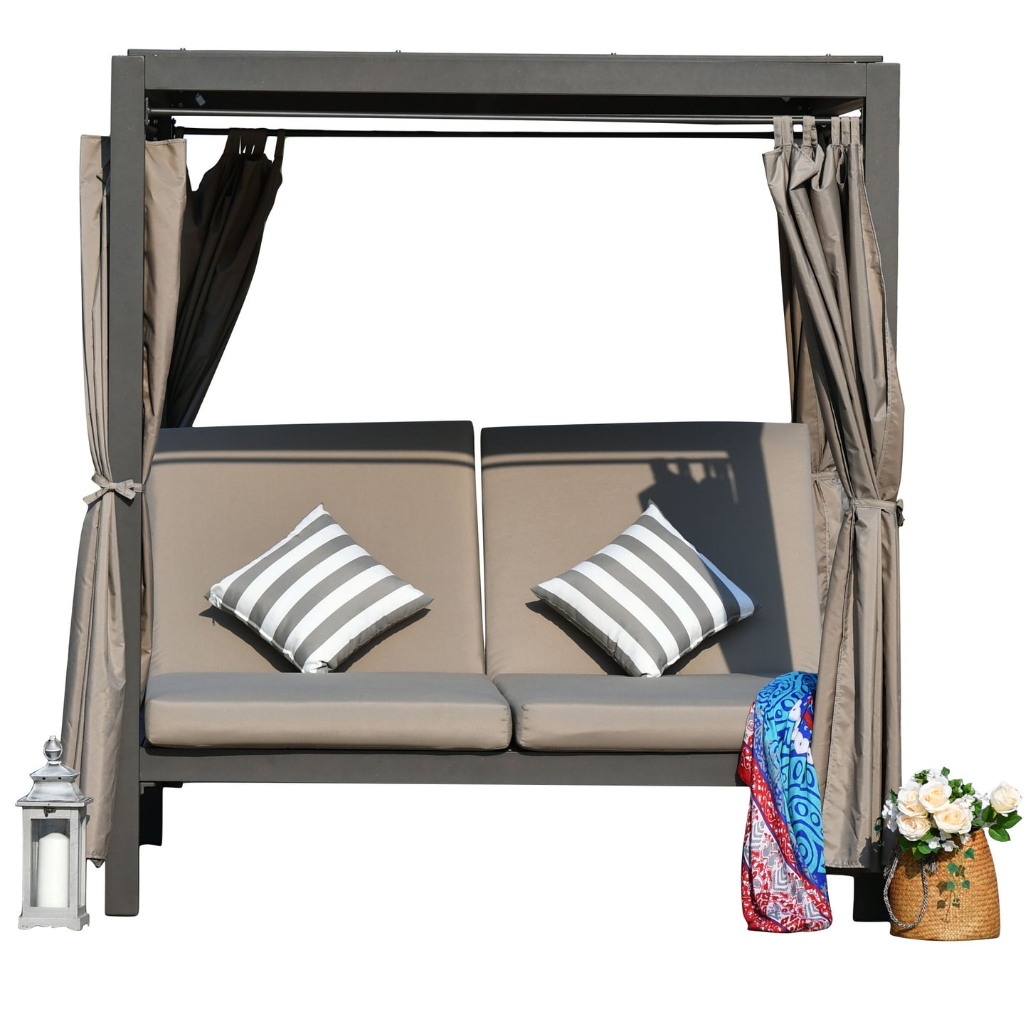 161.85" X 71.37" X 8.58" Gray Outdoor Steel Metal Adjustable Day Bed With Canopy And Taupe Cushions