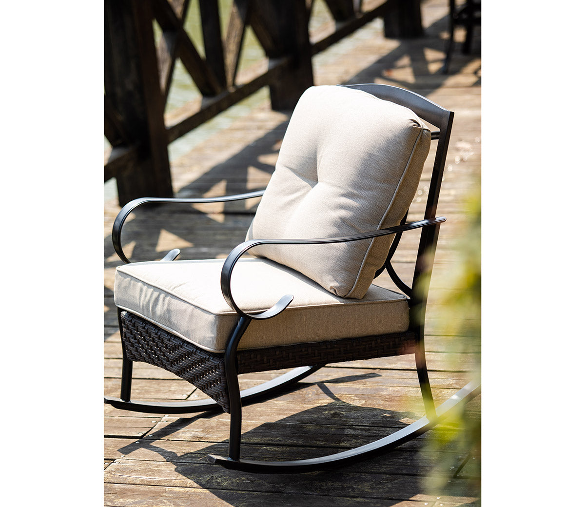 25" Black Steel Patio Rocking Chair With Beige Cushion