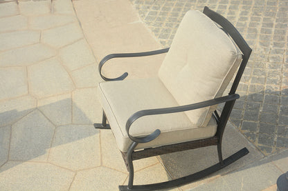 25" Black Steel Patio Rocking Chair With Beige Cushion