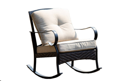 25" Black Steel Patio Rocking Chair With Beige Cushion