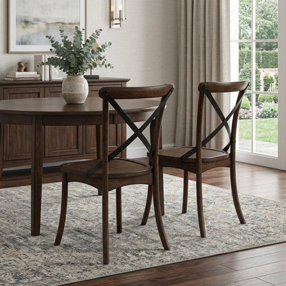Set of Two Brown Cross Back Dining Side Chairs